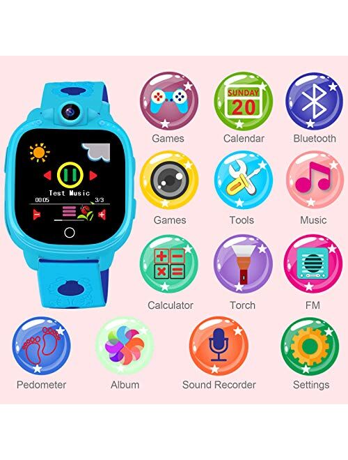 PROGRACE Kids Smart Watch with 90°Rotatable Camera Smartwatch Touch Screen Kids Watch Music Pedometer Flashlight FM Radio Games Digital Wrist Watch