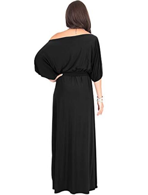 KOH KOH Womens Long Sexy One Shoulder Flowy Casual 3/4 Short Sleeve Maxi Dress