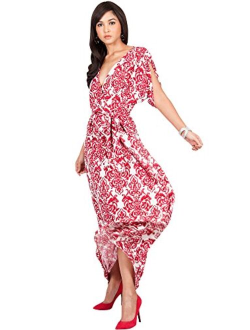 KOH KOH Womens Long Summer Flowy Short Sleeve V-Neck Printed Gown Maxi Dress