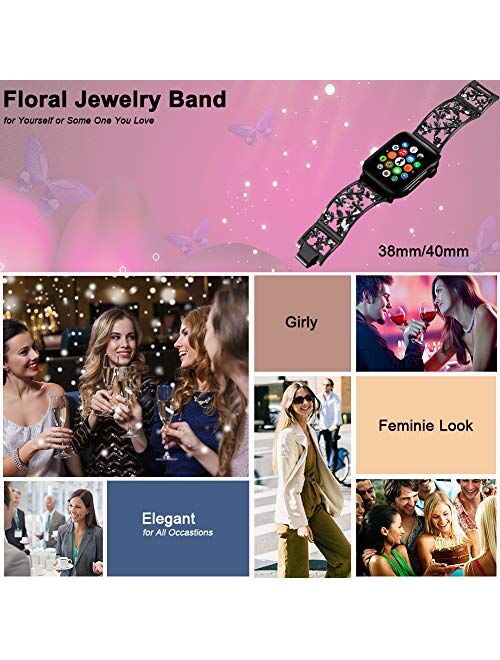 Duoan Floral Band Compatible with Apple Watch Jewelry Band 38mm 40mm iWatch Bands Series 6 5 4, Bling Crystal Bracelet Strap Hollow Metal Cuff Dressy, Chic Women Girls Wr