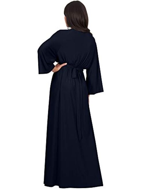 KOH KOH Womens Long Kimono Sleeve V-Neck Wrap Belted Empire Flowy Maxi Dress