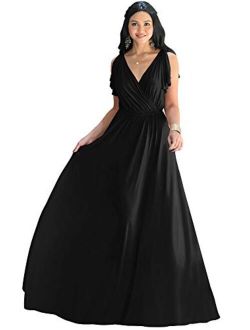 Womens Long V-Neck Ruffle Sleeveless Bridesmaid Prom Gown Maxi Dress