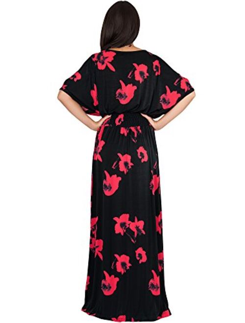 KOH KOH Womens Long Short Sleeve Printed Summer Sexy Casual Sundress Maxi Dress