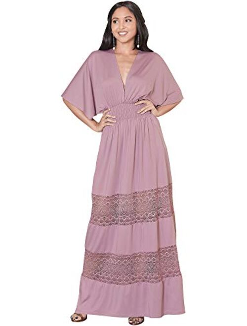 KOH KOH Womens Sexy Summer V-Neck Half Sleeve Layered Lace Maxi Dress