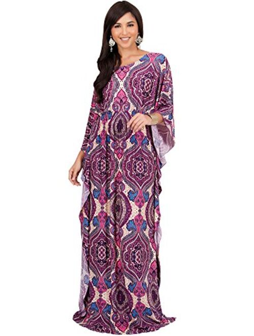 KOH KOH Womens Long Kaftan Boho Print Jersey Flowy Casual Abaya Gown Maxi Dress