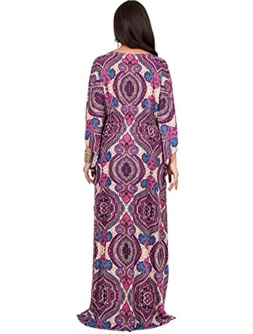 KOH KOH Womens Long Kaftan Boho Print Jersey Flowy Casual Abaya Gown Maxi Dress