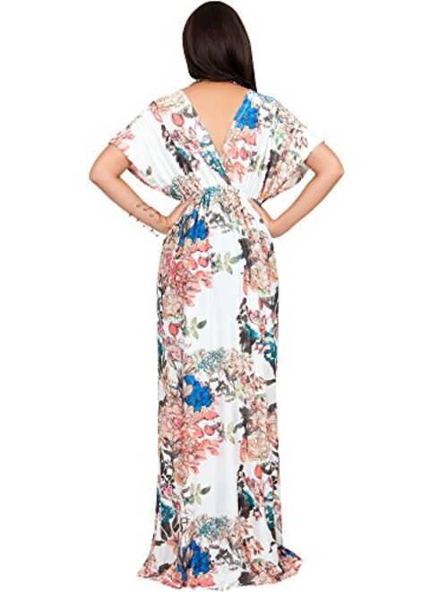 KOH KOH Short Kimono Sleeve V-Neck Floral Summer Long Casual Maxi Dress