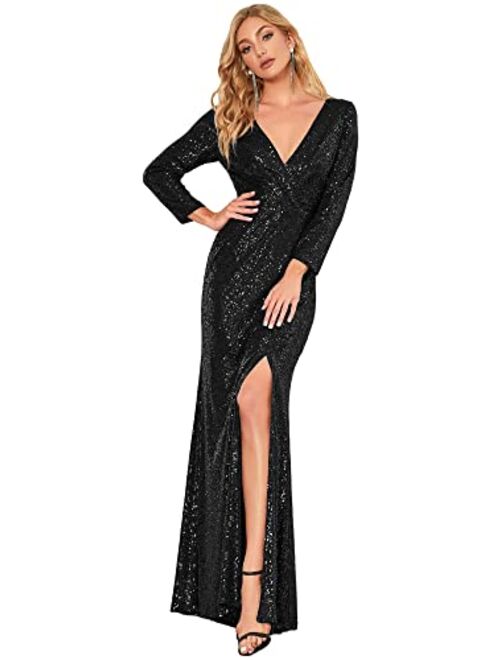 Ever-Pretty Women Sequin Evening Dress Long Sleeve Side Split Evening Gowns 0824