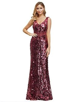 Women's Double V-Neck Sequined Evening Party Maxi Dress 07872