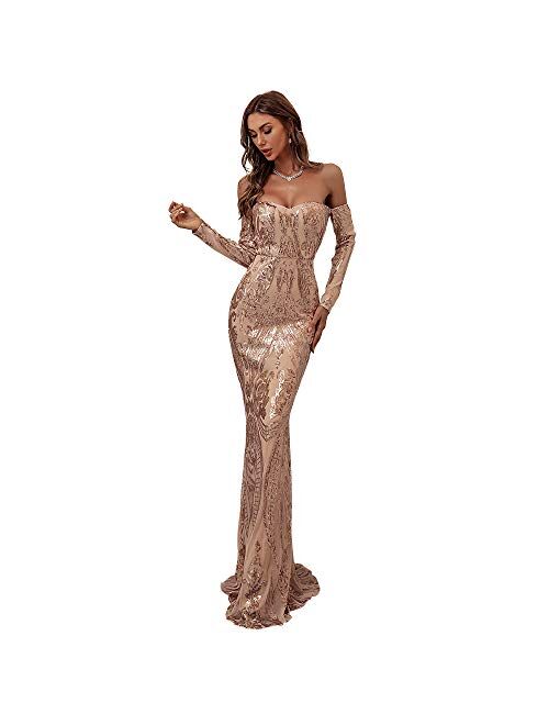 Missord Miss ord Sexy Long Sleeve Retro Party Dress Sequin Formal Maxi Dress, Elegant Mermaid Evening Gown