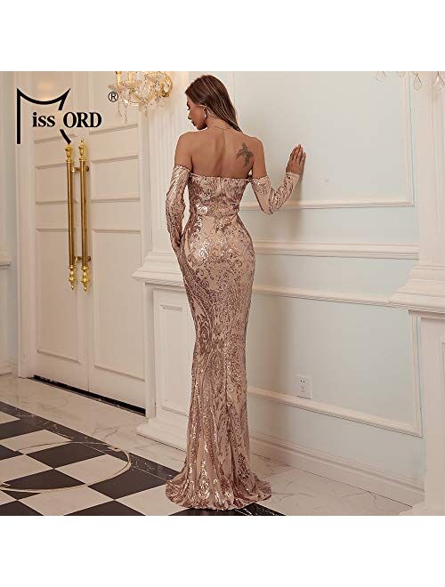 Missord Miss ord Sexy Long Sleeve Retro Party Dress Sequin Formal Maxi Dress, Elegant Mermaid Evening Gown