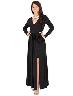 Womens Long Sleeve V-Neck High Slit Cocktail Evening Gown Maxi Dress