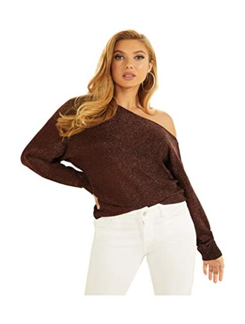 GUESS Women's Long Sleeve Catrina Off The Shoulder Lurex Cord Sweater