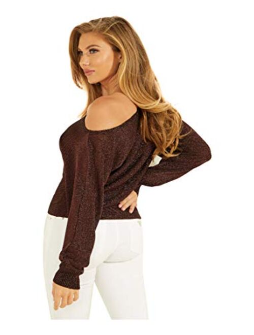 GUESS Women's Long Sleeve Catrina Off The Shoulder Lurex Cord Sweater