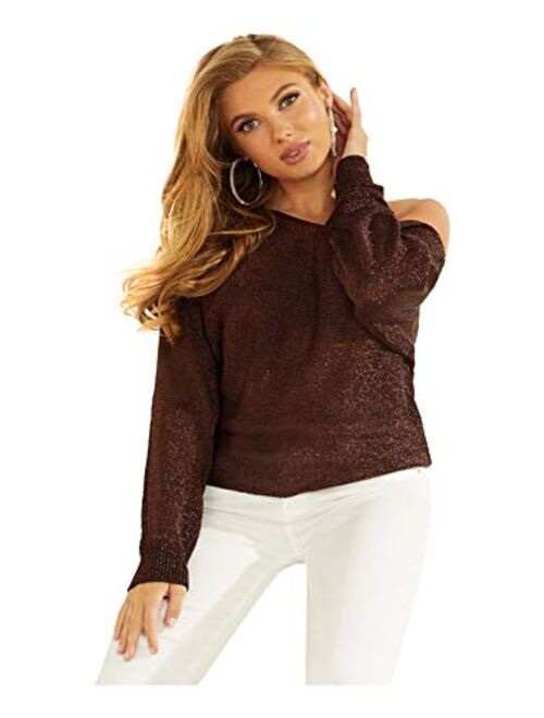 GUESS Women's Long Sleeve Catrina Off The Shoulder Lurex Cord Sweater