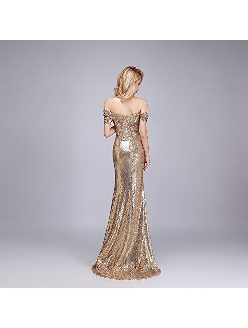 honey qiao Sequins Off The Shoulder Bridesmaid Dresses Long Pleats Prom Party Gowns
