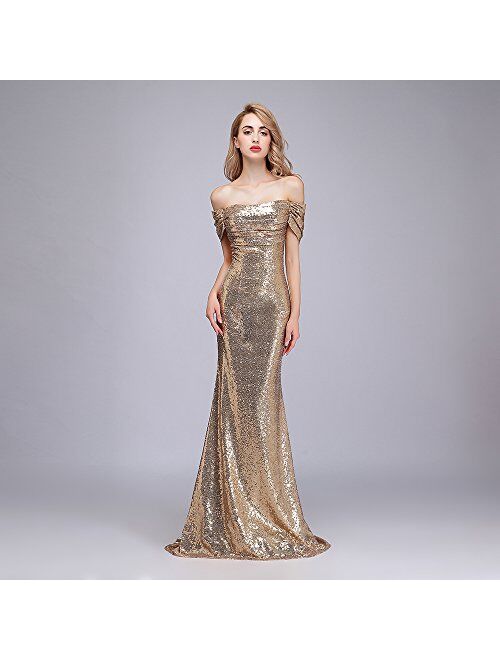 honey qiao Sequins Off The Shoulder Bridesmaid Dresses Long Pleats Prom Party Gowns