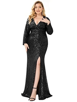 Women's Long Sleeve Plus Size Sequin Gowns Side Split Evening Dress 0824