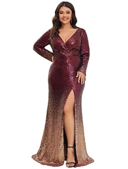 Women's Long Sleeve Plus Size Sequin Gowns Side Split Evening Dress 0824