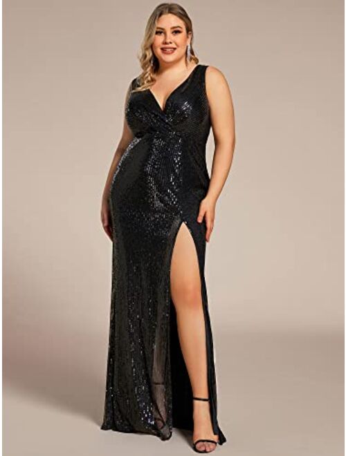 Ever-Pretty Women's Long Sleeve Plus Size Sequin Gowns Side Split Evening Dress 0824