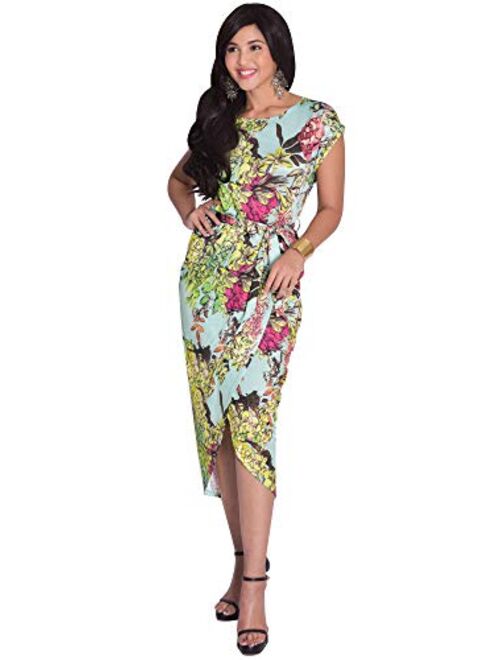 KOH KOH Womens Elegant Short Cap Sleeves Floral Print Asymmetrical Midi Dress