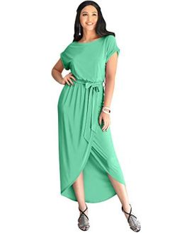 Womens Short Sleeves Round Neck Solid Draped Asymmetrical Maxi Dress