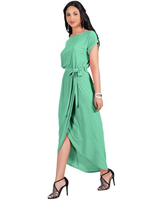 KOH KOH Womens Short Sleeves Round Neck Solid Draped Asymmetrical Maxi Dress