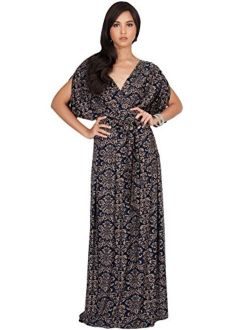 Womens Long V-Neck Short Sleeve Bohemian Print Flowy Cocktail Maxi Dress