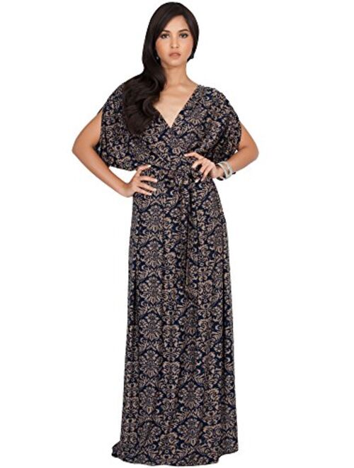 KOH KOH Womens Long V-Neck Short Sleeve Bohemian Print Flowy Cocktail Maxi Dress