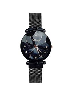 Fashion Women Wristwatch Shining Starry Sky Dial Mesh Band Buckle Easily Use Simulated Diamond Ladies Watches