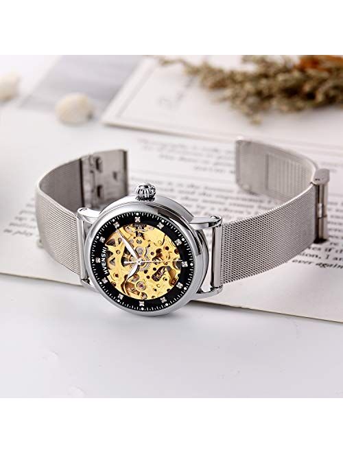 RORIOS Women Automatic Mechanical Watch Self-Winding Skeleton Dial Stainless Steel Strap Ladies Wristwatches