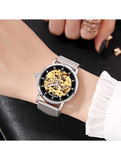 RORIOS Women Automatic Mechanical Watch Self-Winding Skeleton Dial Stainless Steel Strap Ladies Wristwatches