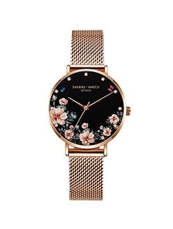 Women Watch Beautiful Flower Dial Stainless Steel Mesh Strap Analogue Quartz Wristwatch Ladies Watch Female Watch Wrist Watch