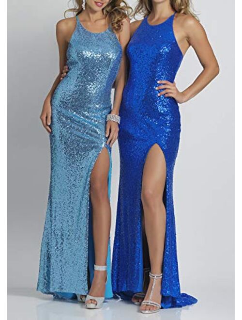 Halter Sparkly Sequin Bridesmaid Dresses Long Mermaid Formal Evening Prom Gowns with Side Slit for Women