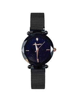 Ladies Watches Shining Starry Sky Dial Mesh Band Buckle Easily Use Simulated Diamond Women Wristwatches