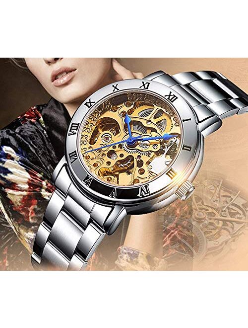 Women's Watches Automatic Steampunk Self Winding Mechanical Silver Bracelet Ladies Skeleton Wrist Watch