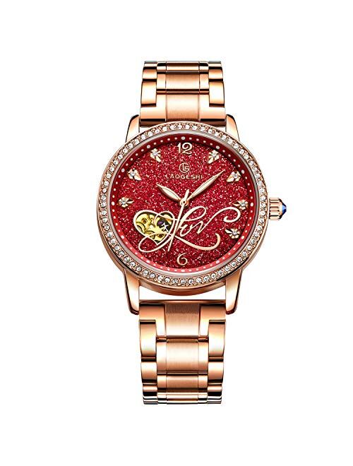 RORIOS Women Automatic Mechanical Watch Shining Starry Sky Luminous Simulated Diamond Dial Stainless Steel Strap Ladies Wristwatches