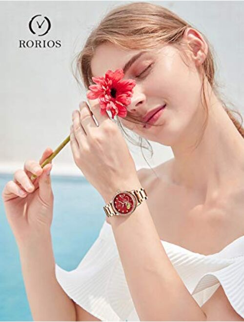 RORIOS Women Automatic Mechanical Watch Shining Starry Sky Luminous Simulated Diamond Dial Stainless Steel Strap Ladies Wristwatches