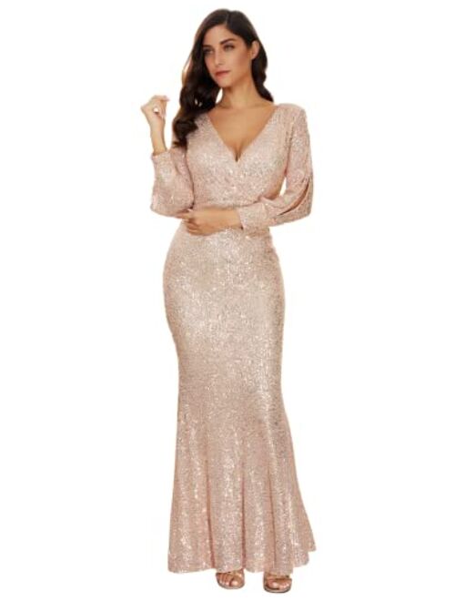 Women's Long Sleeve Full Sequins Mermaid Gown Long Prom Party Dress
