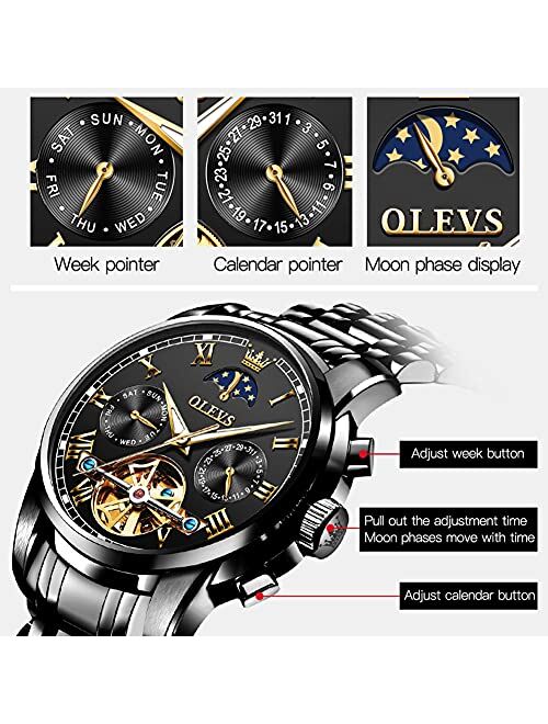 OLEVS Automatic Mechanical Men Watch Tourbillon Moon Phase Stainless Steel Dress Fashion Business Luminous Waterproof Date Week Male Wrist Watch