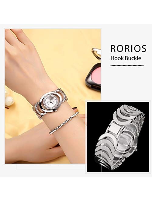 RORIOS Fashion Women Watch Shining Simulated Diamond Dial Stainless Steel Strap Ladies Dress Wristwatch Waterproof