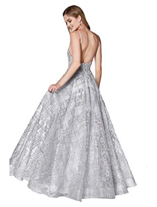Meier Women's Plunging V Neck Lace Bodice Glitter Prom Formal Dress