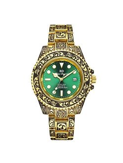 Retro Men Watch Analog Quartz Watches Stainless Steel Bracelet Waterproof Wristwatch with Calendar Engraved Mens Watch