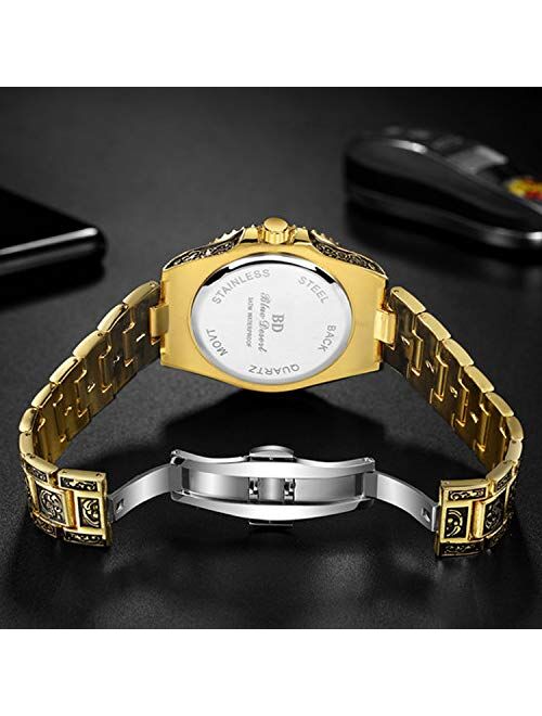 RORIOS Retro Men Watch Analog Quartz Watches Stainless Steel Bracelet Waterproof Wristwatch with Calendar Engraved Men‘s Watch