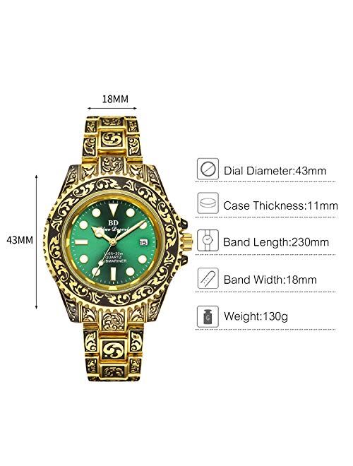 RORIOS Retro Men Watch Analog Quartz Watches Stainless Steel Bracelet Waterproof Wristwatch with Calendar Engraved Men‘s Watch