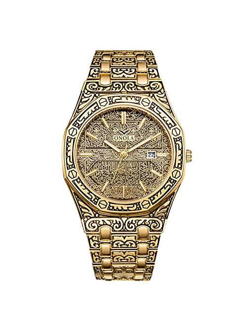 RORIOS Retro Men Watch Analog Quartz Watches Multifunctions Dial Stainless Steel Band Fashion Wrist Watch with Calendar Engraved Watch for Men