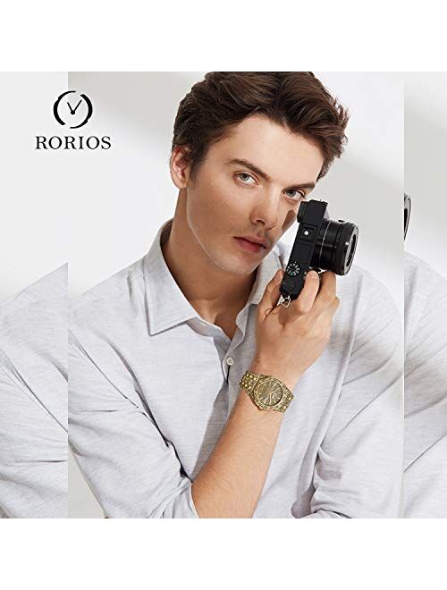 RORIOS Retro Men Watch Analog Quartz Watches Multifunctions Dial Stainless Steel Band Fashion Wrist Watch with Calendar Engraved Watch for Men
