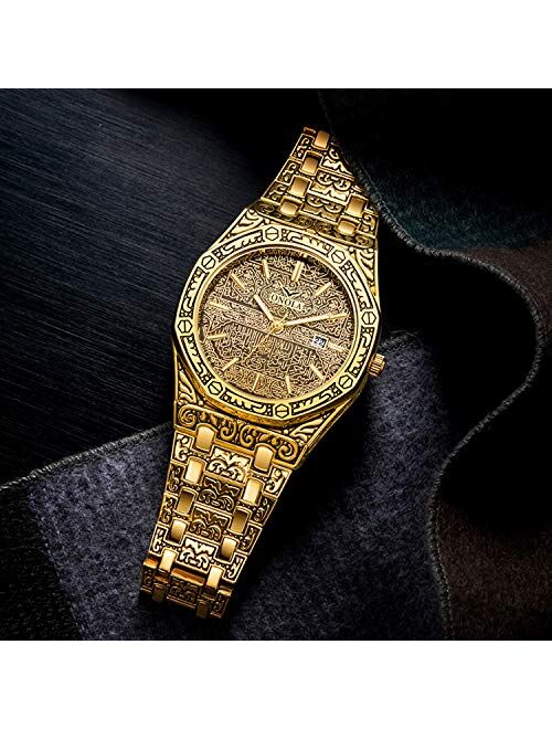 RORIOS Retro Men Watch Analog Quartz Watches Multifunctions Dial Stainless Steel Band Fashion Wrist Watch with Calendar Engraved Watch for Men