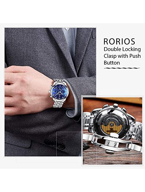 RORIOS Luxury Business Men Automatic Mechanical Watches Stainless Steel Band Day Calendar Week Roman Number Transparent Dial Waterproof Multifunctions Wrist Watch