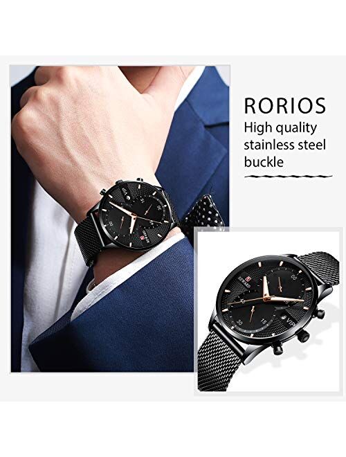 RORIOS Business Men Watch Sport WatchDate Calendar Stainless Steel Mesh Strap Waterproof Wrist Watch